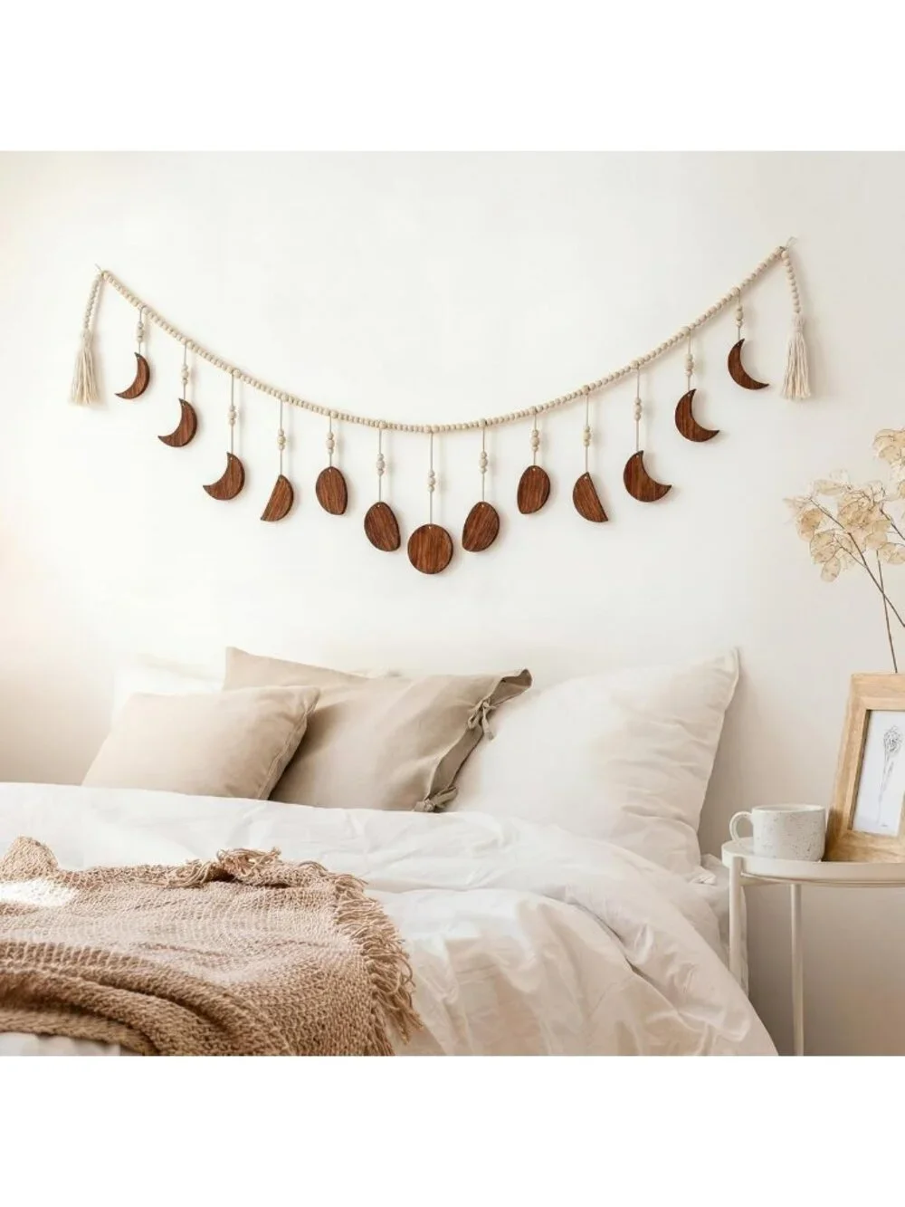 Boho Moon Phase Wall Art - Rattan Beaded Hanging Decor with Tassel for Bedroom